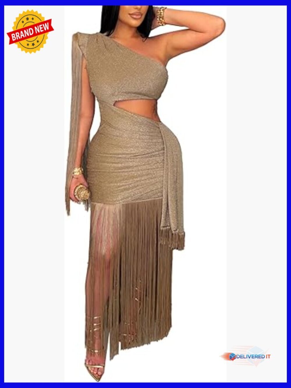 One Shoulder Fringe Maxi Dress Bodycon Cut Out Backless Party Club